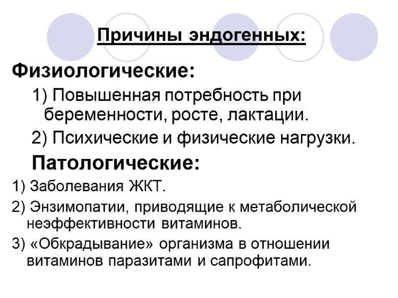 Причины эндогенных:  Физиологические: 1) Повышенная потребность при беременности, росте, лактации. 2) Психические и